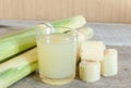 Freshly squeezed sugar cane juice in glass with cut pieces cane Royalty Free Stock Photo