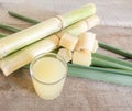 Freshly squeezed sugar cane juice in glass with cut pieces cane Royalty Free Stock Photo