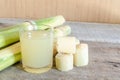 Freshly squeezed sugar cane juice in glass with cut pieces cane Royalty Free Stock Photo