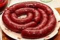 Freshly stuffed pork intestines with blood sausage mass. Organic blood sausage