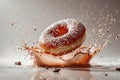 A freshly sugared donut creates a captivating splash in a pool of coffee. Generative AI