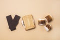 Freshly Toasted Smore with Marshmallow and Chocolate on Yellow Background Ingredients for Smores Top Royalty Free Stock Photo