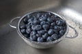 Freshly washed blueberries in a stainless steel colander in a kitchen sink