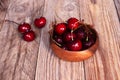 Freshly washed cherries in wooden bowl