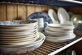 freshly washed dishes drying on a rack