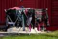 Freshly washed laundry is drying outdoors in springlike weather Royalty Free Stock Photo