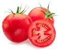 Freshly washed red tomatoes covered with water drops on white background