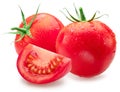 Freshly washed red tomatoes covered with water drops on white background