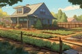 freshly-watered garden in front of a farmhouse featuring a metal roof, magazine style illustration