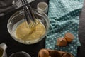 Freshly whisked batter of beaten eggs, milk and butter in a bowl Royalty Free Stock Photo