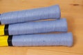 Freshly wrapped blue over grips on 3 Tennis rackets Royalty Free Stock Photo