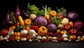 Freshness of autumn vegetables pumpkin, tomato, onion, carrot, cauliflower, garlic generated by AI