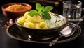 Freshness in a bowl, creamy dessert with sweet fruit and mint generated by AI