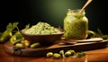 Freshness in a bowl guacamole, wood, spoon, healthy eating, vegetable generated by AI