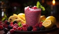 Freshness in a bowl raspberry, blueberry, strawberry, mint leaf, yogurt generated by AI