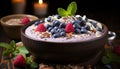 Freshness in a bowl raspberry, blueberry, yogurt, mint leaf, granola generated by AI