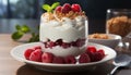 Freshness in a bowl Raspberry yogurt parfait with granola and mint generated by AI