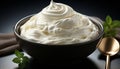 Freshness in a bowl whipped cream, yogurt, fruit, mint leaf generated by AI Royalty Free Stock Photo