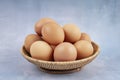 The Freshness chicken eggs in wooden weave basket on blue background Royalty Free Stock Photo