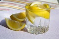 Freshness concept, homemade lemonade Summer detox drink with lemon in glass jars. Fresh water, refreshment drink Royalty Free Stock Photo