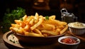 Freshness and crunchiness of gourmet French fries on a wooden plate generated by AI