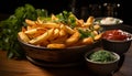 Freshness and crunchiness of gourmet French fries on wooden table generated by AI