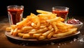 Freshness and crunchiness of gourmet French fries on wooden table generative AI