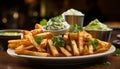 Freshness and crunchiness of homemade French fries with guacamole dip generated by AI