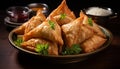 Freshness and crunchiness of homemade vegetarian samosa on wooden plate generated by AI