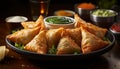 Freshness and crunchiness of vegetarian samosa on a wooden plate generated by AI