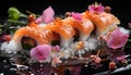 Freshness and cultures on a plate seafood, sushi, seaweed, rice, avocado generated by AI