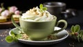 Freshness in a cup coffee, leaf, heat, gourmet, wood, dessert generated by AI Royalty Free Stock Photo