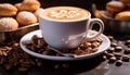 Freshness in a cup, gourmet cappuccino, wood table, frothy drink generated by AI Royalty Free Stock Photo