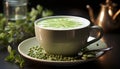 Freshness in a cup hot, frothy, gourmet coffee with a leafy, green background generated by AI