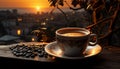 Freshness in a cup, nature heat, a rustic coffee break generated by AI