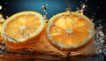 Freshness drops, lemon slice, wet citrus fruit, liquid splash generated by AI