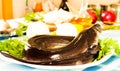 Freshness eel and vegetables on the plate Royalty Free Stock Photo