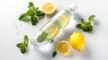 Freshness embodied with a water bottle infused with lemon slices and mint, surrounded by scattered mint leaves, lemon halves, and