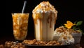 Freshness in a glass milkshake, ice cream, whipped cream, caramel generated by AI