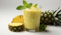 Freshness in a glass pineapple, mint leaf, and yogurt smoothie generated by AI