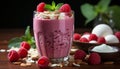 Freshness in a glass Raspberry yogurt milkshake with mint leaf generated by AI