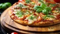 Freshness and gourmet, homemade pizza on rustic wood generated by AI