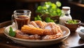 Freshness and gourmet meal on a wooden plate, cooked pork generated by AI