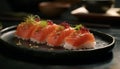 Freshness and gourmet on a plate, sushi, sashimi, and seafood generated by AI