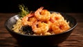 Freshness and gourmet seafood meal, cooked prawn on wooden plate generated by AI