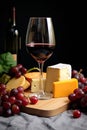 Freshness and gourmet on table, wine, cheese, bread, generated by AI