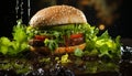 Freshness grilled meat on a bun, gourmet meal for lunch generated by AI