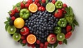 Freshness of healthy eating strawberry, orange, raspberry, organic, grape, lime, lemon, blueberry, kiwi, apple generated