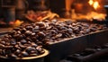 Freshness and heat in a dark coffee shop, selective focus on foreground generated by AI