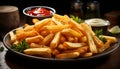Freshness and heat on a plate, gourmet fries and meat generated by AI